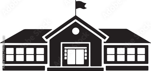 School building icon with flag and windows schoolhouse silhouette isolated on grid background