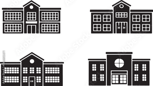 Set of school buildings like elementary middle and high school with windows and doors