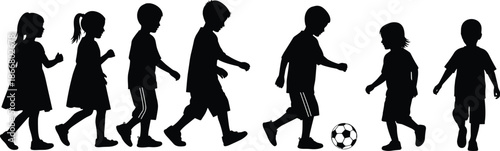 Children walking and playing silhouette, soccer activity icon, black and white design, minimal style, group movement and interaction