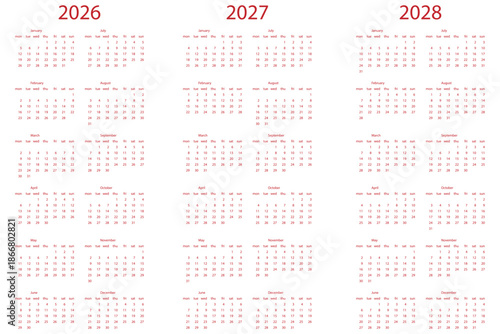 English 2026, 2027, 2028 calendar. Simple editable vertical vector calendar set perfect for planning scheduling organizing personal and business use. eps 10