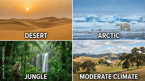 Exploring diverse biomes desert arctic jungle and moderate climate landscapes