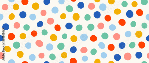 Cute birthday polka dot seamless pattern. Colorful clown repeated round confetti background. Pastel dotted wallpaper for Easter wrapping paper, birthday decoration, kid bday nursery decor. Vector