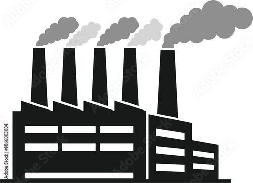 Factory silhouette with smokestacks, industrial pollution icon, black and white design, environmental impact, minimal style, air emission symbol