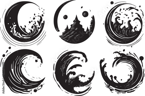 Vector sea waves collection. Sea wave icon set. Set of thin line waves. Seamless abstract line pattern
