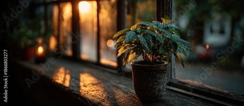 A potted plant on a window sill with warm light and water droplets