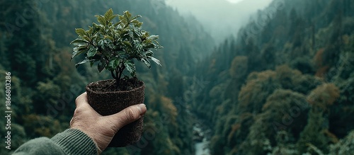 A hand holds a small plant against a backdrop of a vast, forested mountain valley