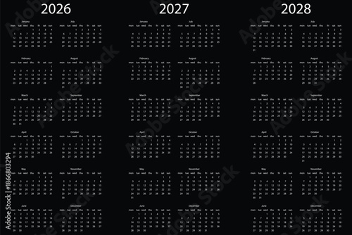 English 2026, 2027, 2028 calendar. Simple editable vertical vector calendar set perfect for planning scheduling organizing personal and business use. eps 10