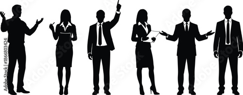 Silhouette illustration of business men and women in formal office attire making gestures on white background for corporate design