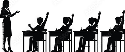 Silhouette illustration of teacher standing in classroom and students sitting at desks raising hands on white background for education design