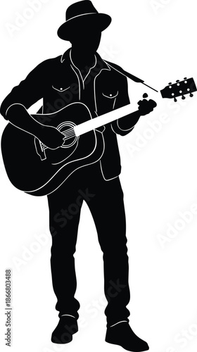 Silhouette musician playing acoustic guitar in standing pose illustration for music performance, concert, songwriting, hobby and creative lifestyle design