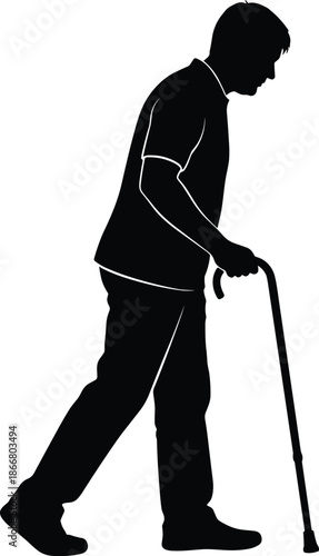 Silhouette of elderly man walking with cane illustration for healthcare, disability support, senior lifestyle, rehabilitation and medical care design