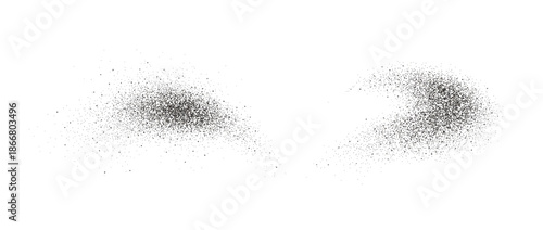 Black pepper powder splashes. Flying seasoning particles burst. Grey dust sand and dirt textured piles. Salt and pepper flakes scattered on surface. Dried spicy explosion. Vector illustration