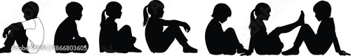 Sitting children silhouette collection of boys and girls in thoughtful poses, child figure illustration for education and psychology themes