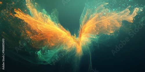 Abstract Fiery Orange and Green Butterfly Wing Design on Dark Background