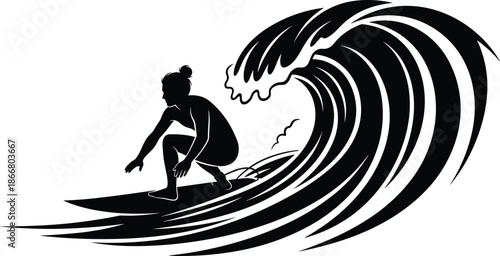 Silhouette surfer riding powerful ocean wave in dynamic coastal surf scene, extreme sports illustration for adventure travel and beach lifestyle design