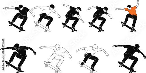 Skateboarder performing jump trick in urban skateboarding action pose silhouette and outline illustration collection extreme sport vector set