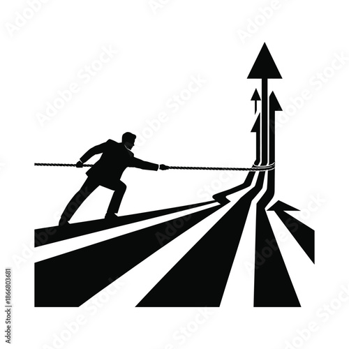 Business man pulling multiple arrows to success conceptual vector illustration with leadership striving metaphor depicting solution for problem achieving goal