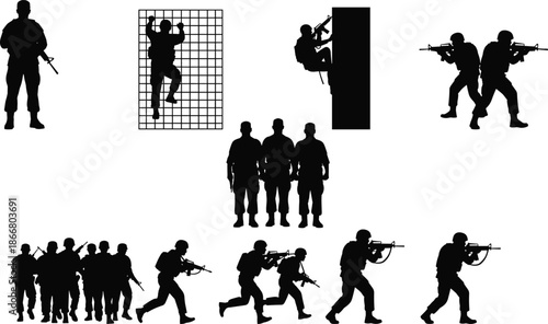 Soldier silhouettes with rifles in tactical training poses, military team movement and combat exercise illustration on white background
