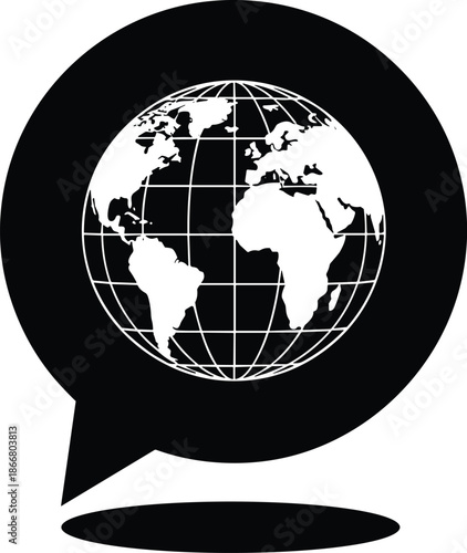 Global communication icon, speech bubble with globe, black and white illustration, minimal style, international dialogue symbol, connectivity concept