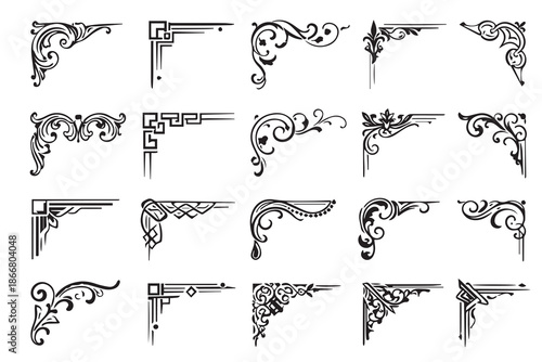 A vector illustration showing various right angle corner shapes designed for frames, featuring clean lines, geometric forms, and artistic elements suitable for modern graphic layouts.