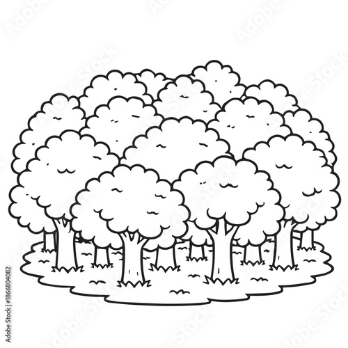 A simple vector illustration of a land area filled with lush gardens, showing trees, and plants, designed with clean lines and a calm natural atmosphere.