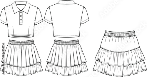 Technical Fashion Illustration of Women Cropped Polo Shirt and Tiered Mini Skirt Outfit Set Featuring Front and Back CAD Design Views
