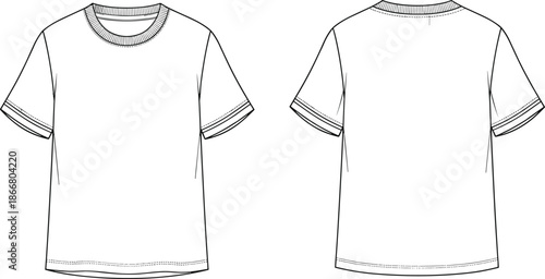 Technical Fashion Illustration of a Basic Men and Women Crew Neck T-Shirt Template Featuring Front and Back CAD Views for Apparel Design