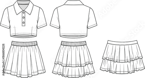 Technical Fashion Illustration of Women Cropped Polo Shirt and Tiered Mini Skirt Set Featuring Front and Back CAD Design Views