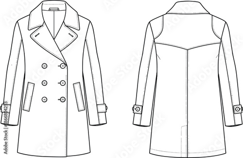 Technical Fashion Illustration of a Women Double Breasted Peacoat Trench Coat Template Featuring Front and Back CAD Views for Apparel Design