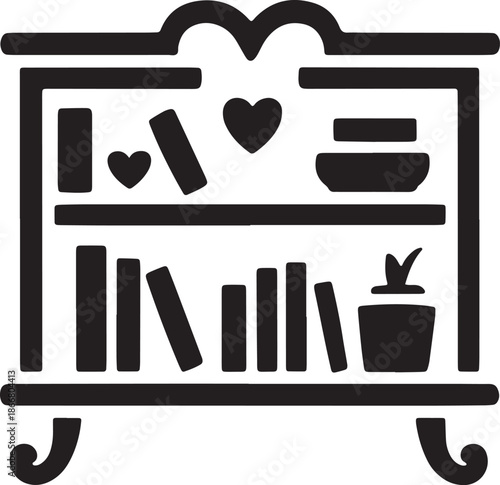 Classic wooden bookshelf silhouette with various books heart ornaments and potted plant decor