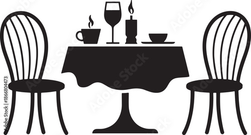 Dining table setting with chairs candle wine glass coffee cup and romantic atmosphere silhouette
