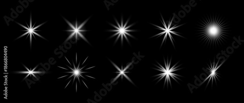 White glowing sparkle set. Shining light flare effect collection. Radiant sun beam burst bundle. Magical stars, twinkles and sparks glowing pack. Starlight rays radiance sun elements. Vector