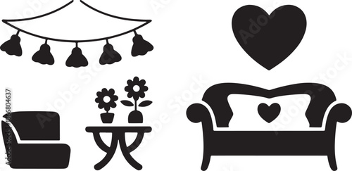 Living room interior silhouette set with sofa armchair table flowers and festive decorations