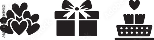 Set of celebration icons including heart cluster gift box and decorative basket with balloon