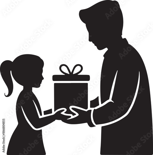 Silhouette man giving gift box to little girl showing gesture of kindness and family bonding
