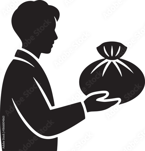 Silhouette of man holding large heavy sack or bag for delivery service and storage concept
