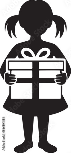 Small girl holding large gift box with ribbon and bow silhouette vector isolated on background