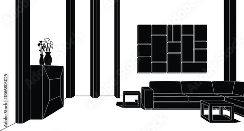 Modern living room interior silhouette with sofa wall art columns minimalist home design black white illustration contemporary luxury apartment vector