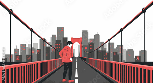 A lone figure in a red hoodie walks confidently across a grand suspension bridge towards a modern city skyline, symbolizing urban exploration and new beginnings.