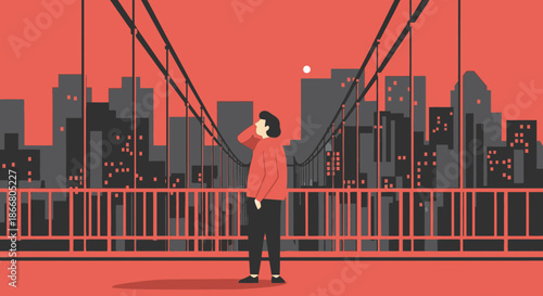 The image depicts a solitary figure on a bridge, gazing thoughtfully at a vast, modern cityscape under a striking red sky, symbolizing urban contemplation or future aspirations.