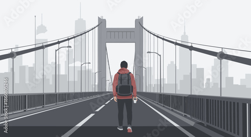A lone traveler with a backpack walks across a vast suspension bridge towards a distant, modern cityscape under a muted sky, symbolizing a journey or new beginnings.