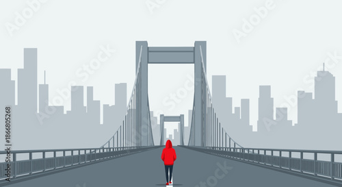 A lone figure in a vibrant red hoodie walks confidently across a vast suspension bridge towards a distant, modern city skyline under a muted sky.
