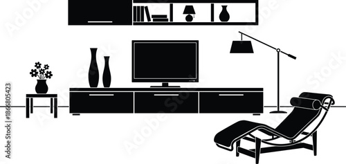 Modern living room interior silhouette with television sofa lounge chair floor lamp wall shelves minimalist black white illustration vector design