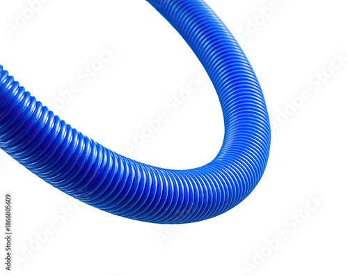 Bright blue, corrugated hose curves against a stark, black background
