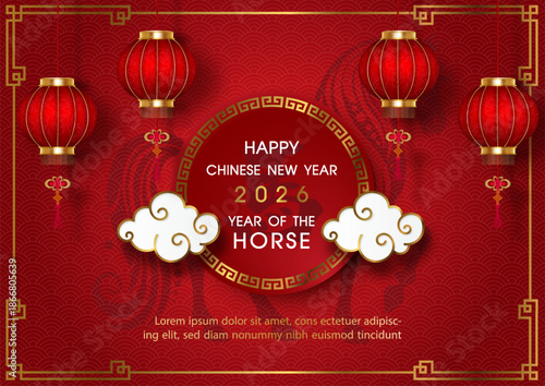 Chinese New Year 2026 greeting card with a golden wording of event on a round sign, Chinese lanterns and red background. Chinese letters is meaning Happy Chinese new year and year of the horse