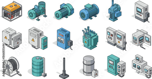 Industrial equipment, electrical machinery, generator, motor, transformer, control panel, cable reel, factory tools, isometric illustration, engineering, power plant, hardware