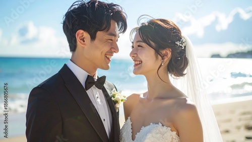 結婚式場 浜辺 新郎新婦 笑顔 2人 日本人 16:9サイズ 背景素材 AI生成素材