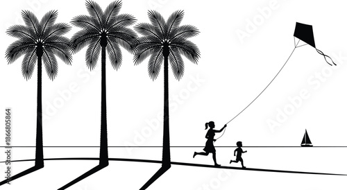 Mother and child flying kite on tropical beach silhouette under palm trees summer family vacation black white minimalist illustration
