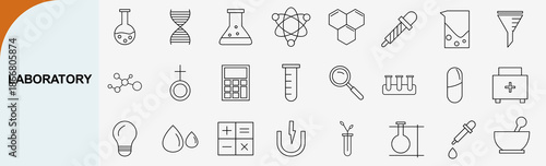 laboratory and science research outline icons, chemistry experiment vector set