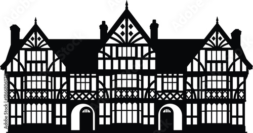Large Tudor-style building silhouette, symmetrical architecture, black and white design, minimal style, historical facade icon, gabled roof structure